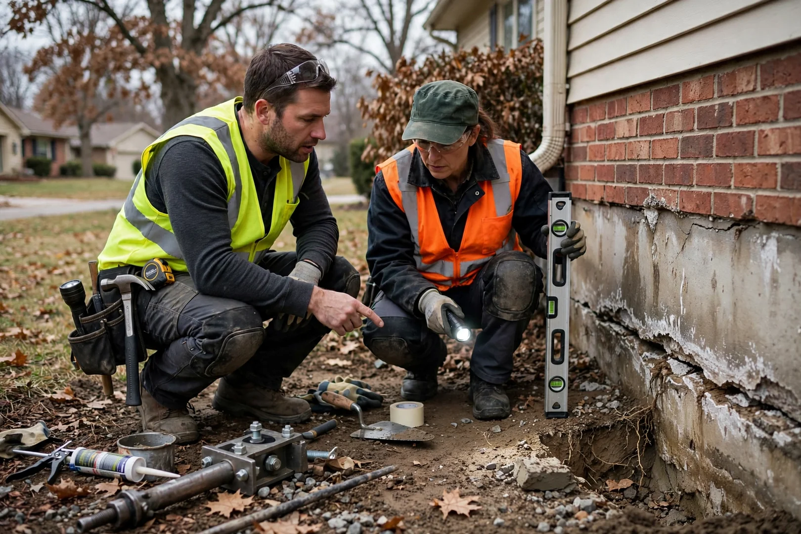 Technician measuring basement wall for drain tile and sump pump waterproofing estimate in Leawood