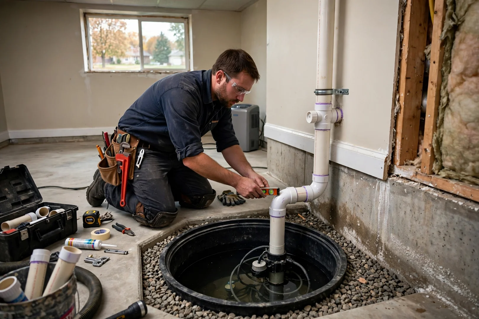 Sump pump basin with discharge pipe installed in finished basement corner in Leawood
