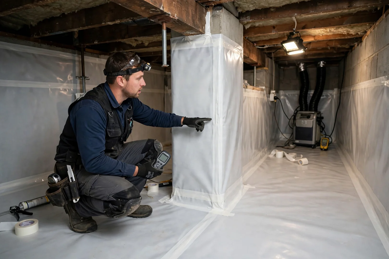 Sealed white vapor barrier covering crawl space floor and walls after encapsulation work