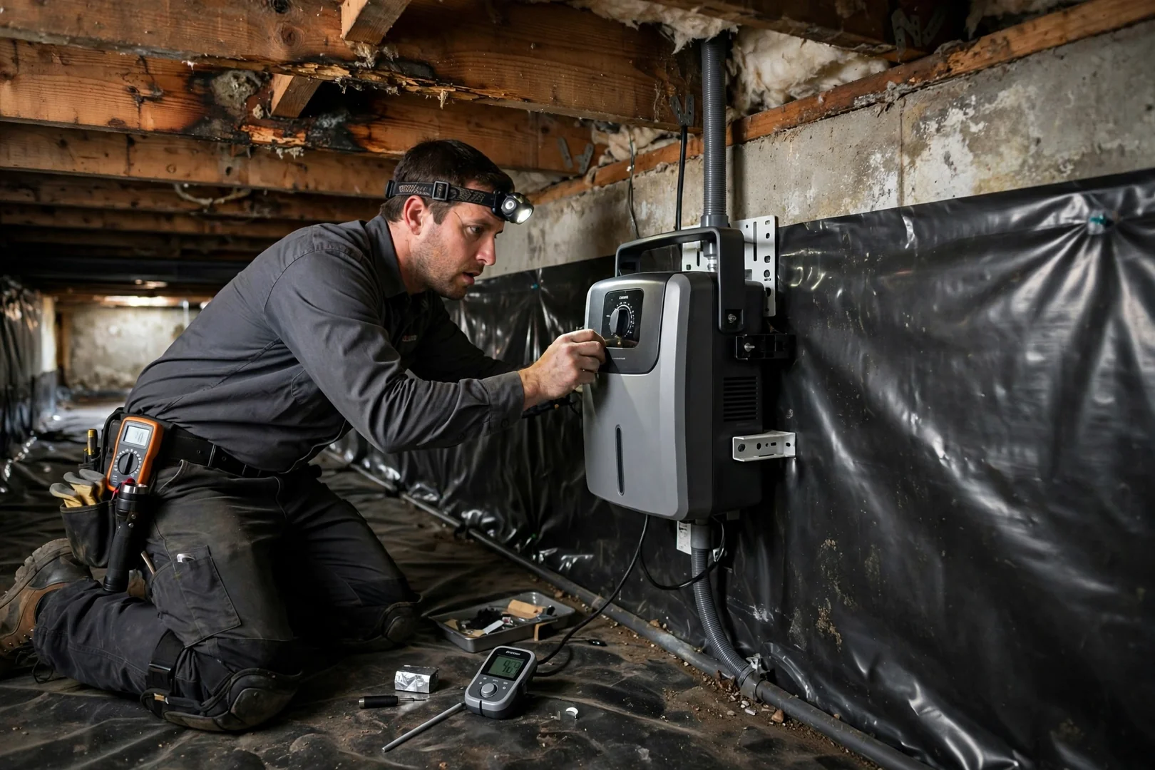 Crawl space dehumidifier mounted on vapor barrier to control humidity and prevent wood rot