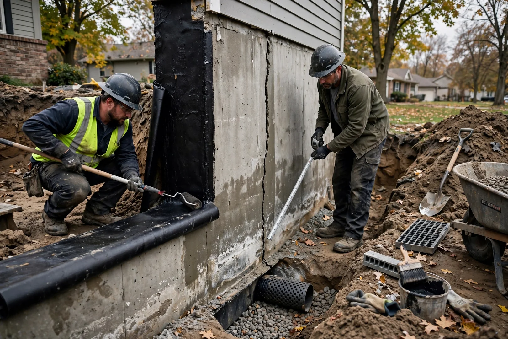 Exterior foundation excavation with waterproof membrane applied to poured concrete wall