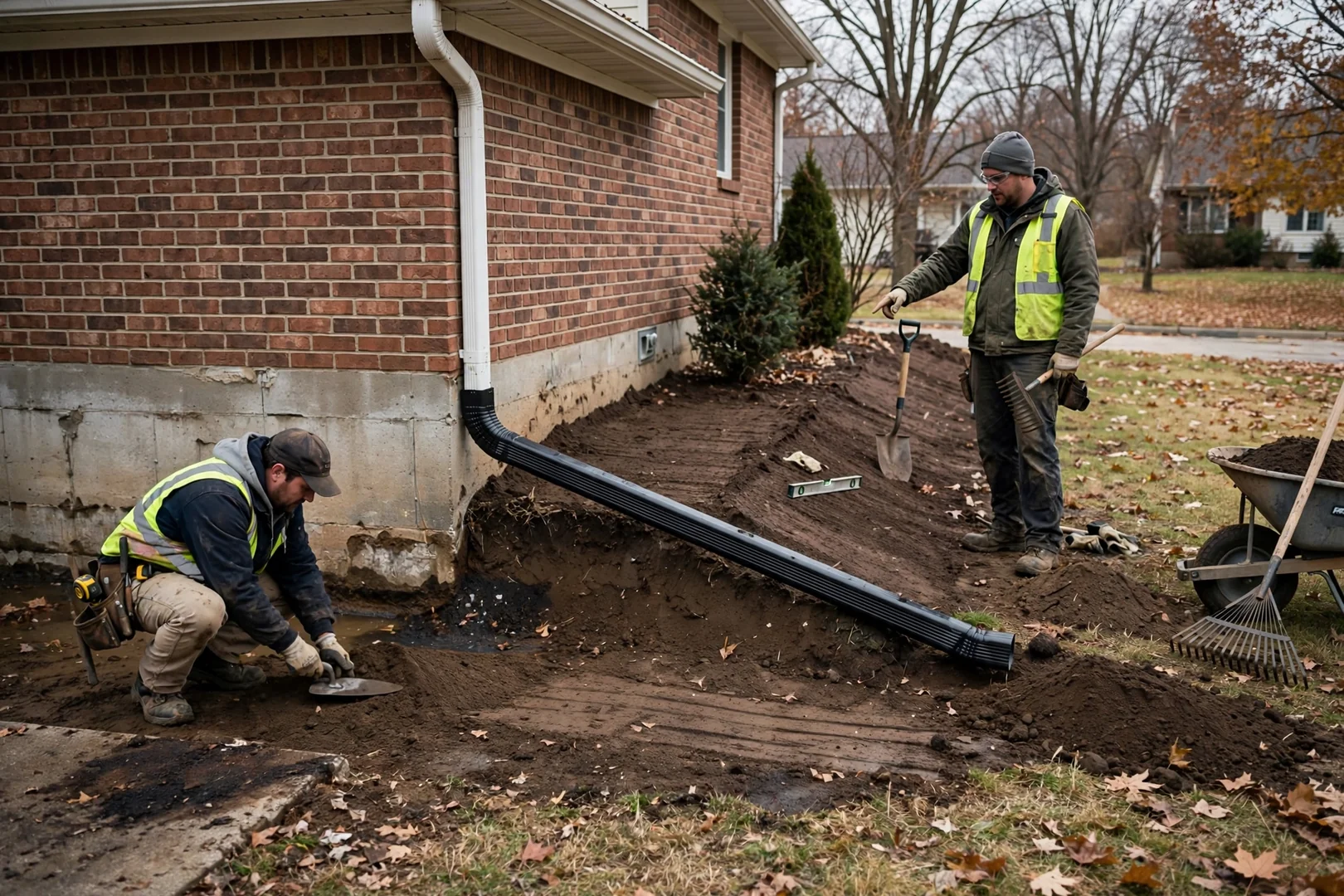 Downspout extension and regraded soil directing runoff away from home foundation