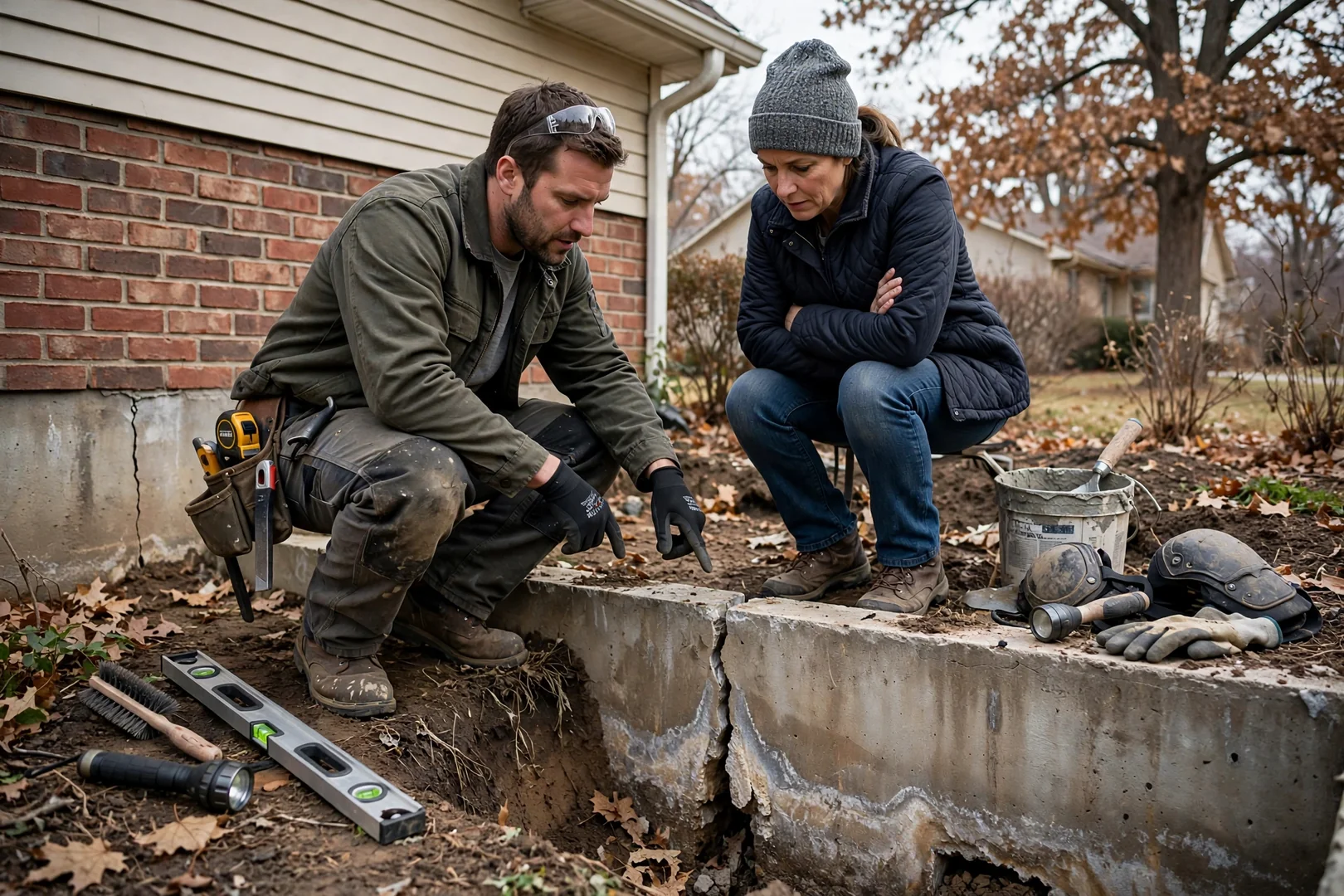 Technician taking elevation readings along a settled foundation wall before piering estimate in Leawood