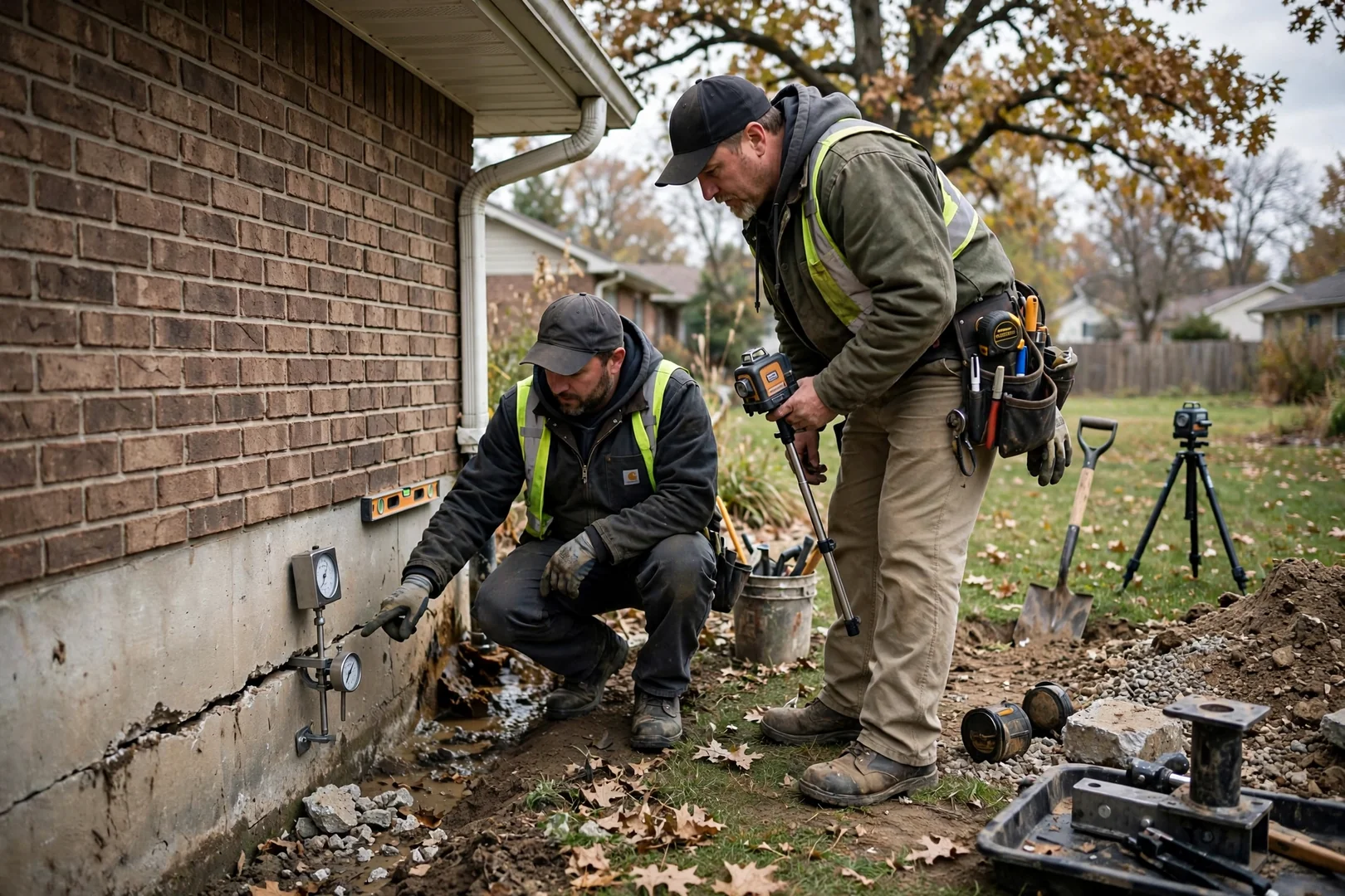 Technician installing steel push piers beside a settled home foundation in Leawood