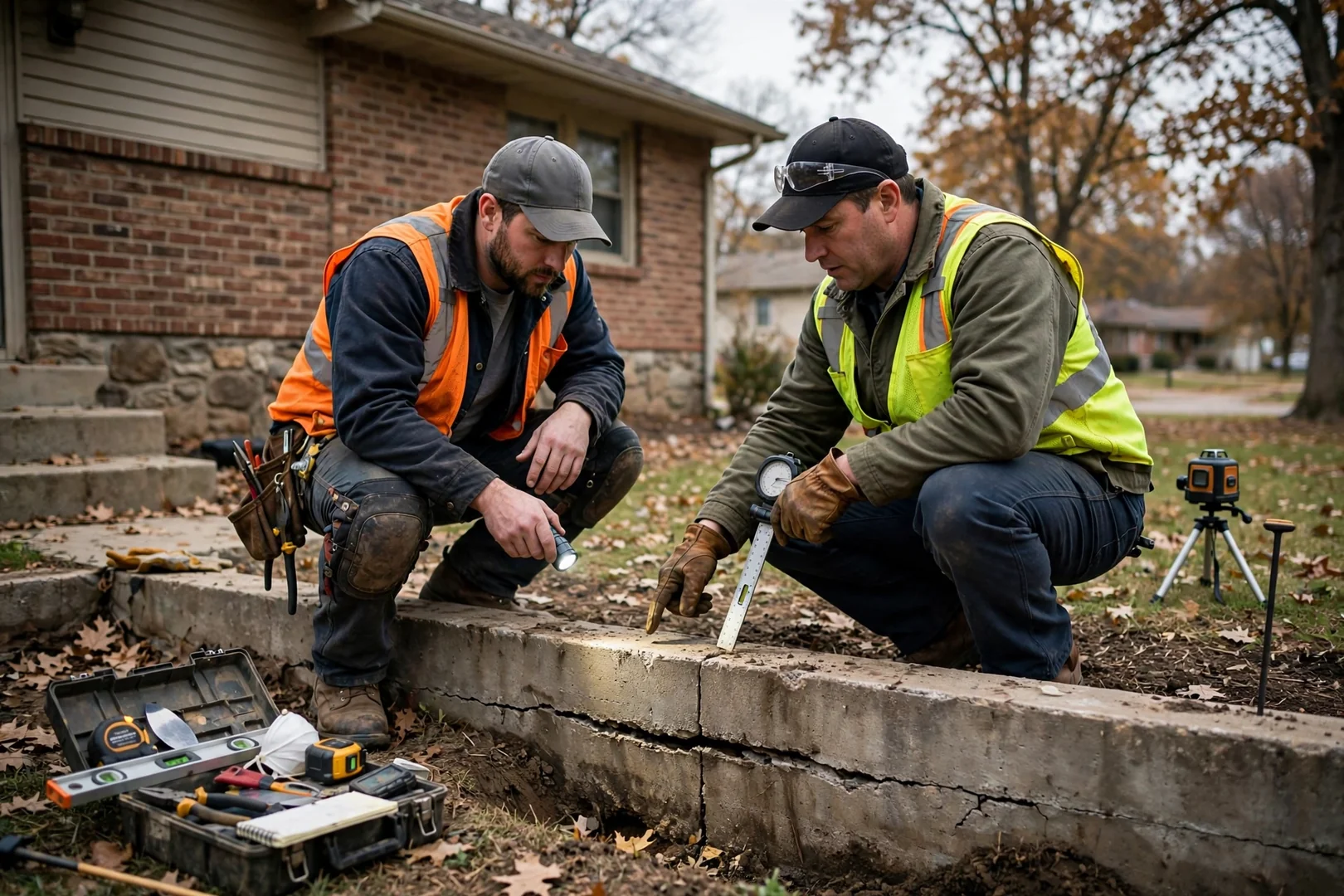 Crew installing steel push piers beside a settling home foundation in Leawood