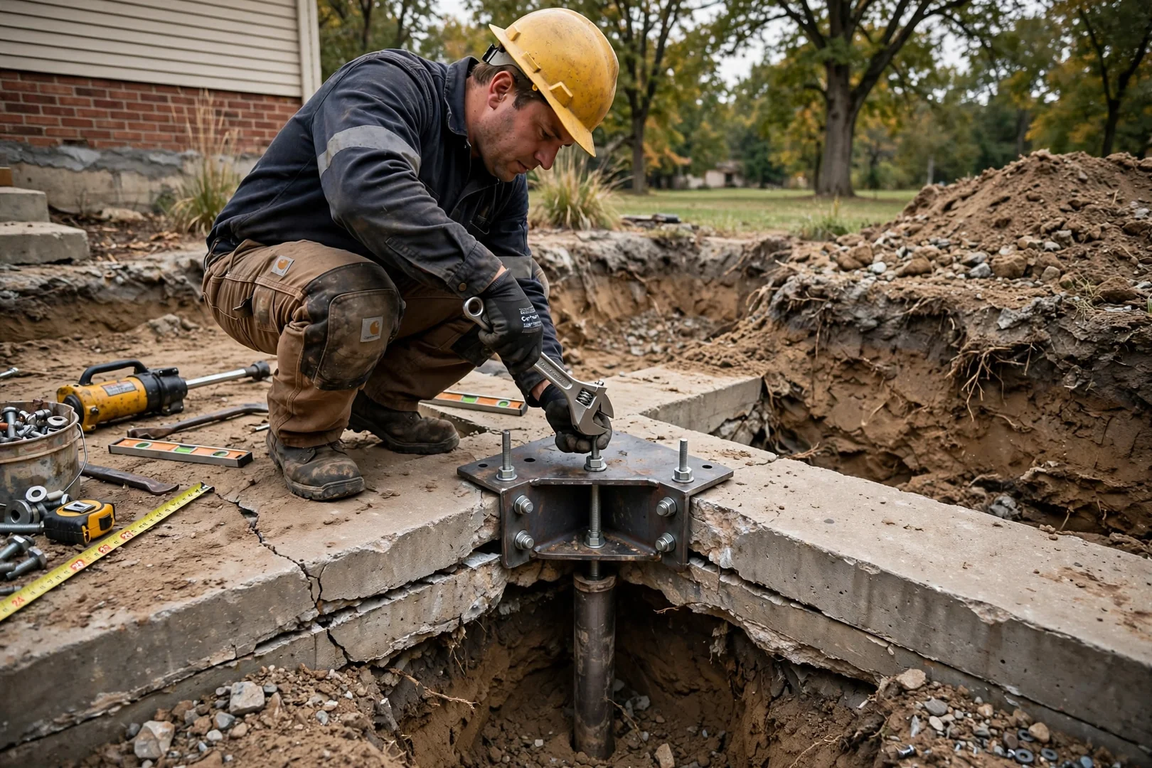 Steel push pier bracket attached to a concrete footing during foundation repair