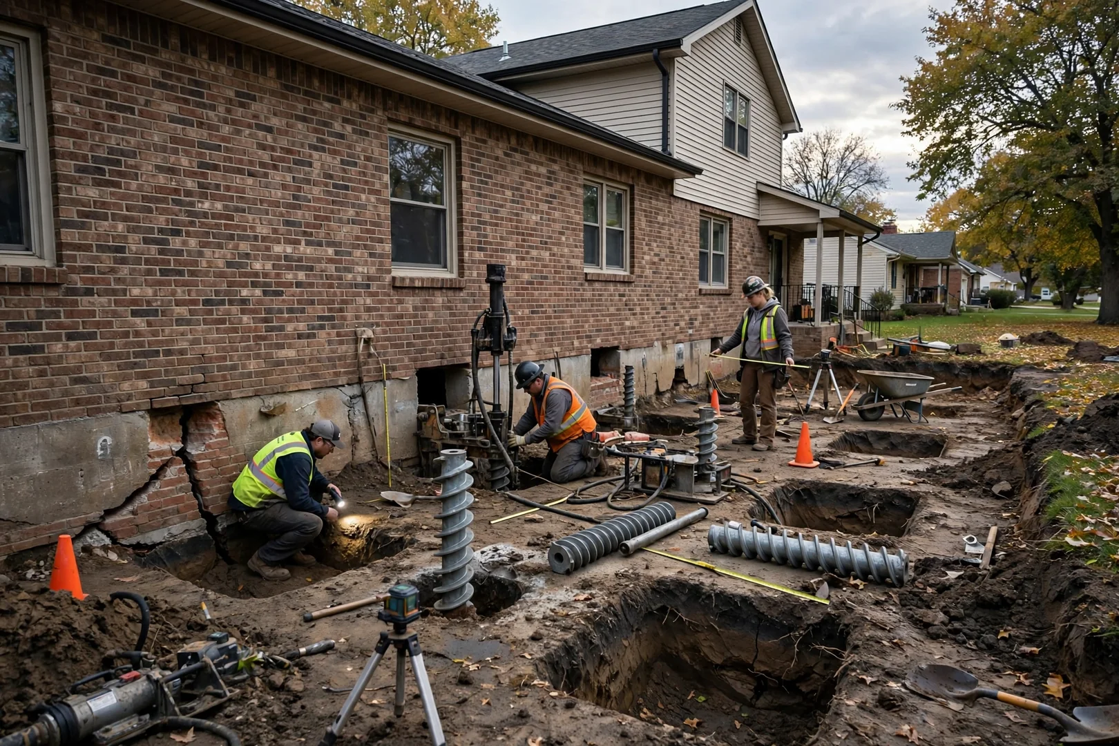 Wide view of excavated pier locations along a settled home foundation in Leawood