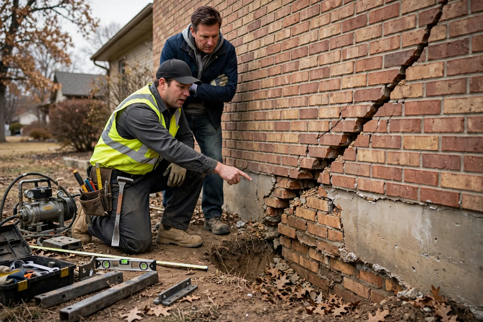 Stair-step crack in a brick wall showing foundation settlement before piering work