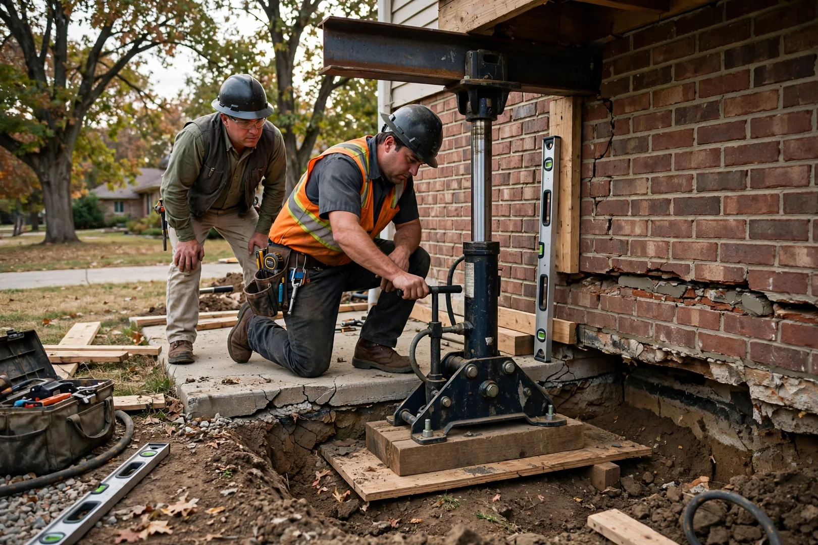 Hydraulic jack lifting a foundation section during a controlled leveling process