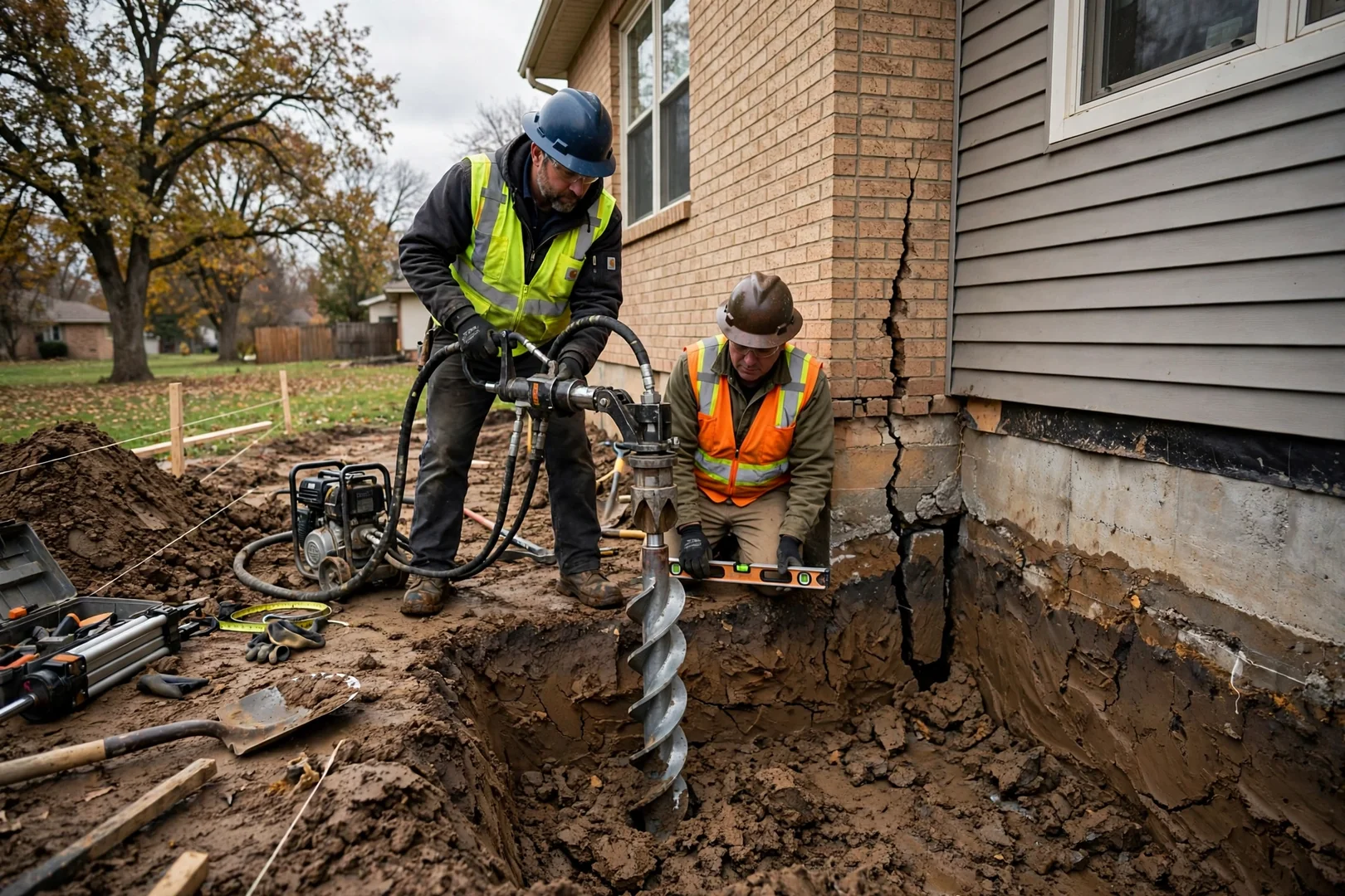 Helical pier being torqued into clay soil beside a home addition
