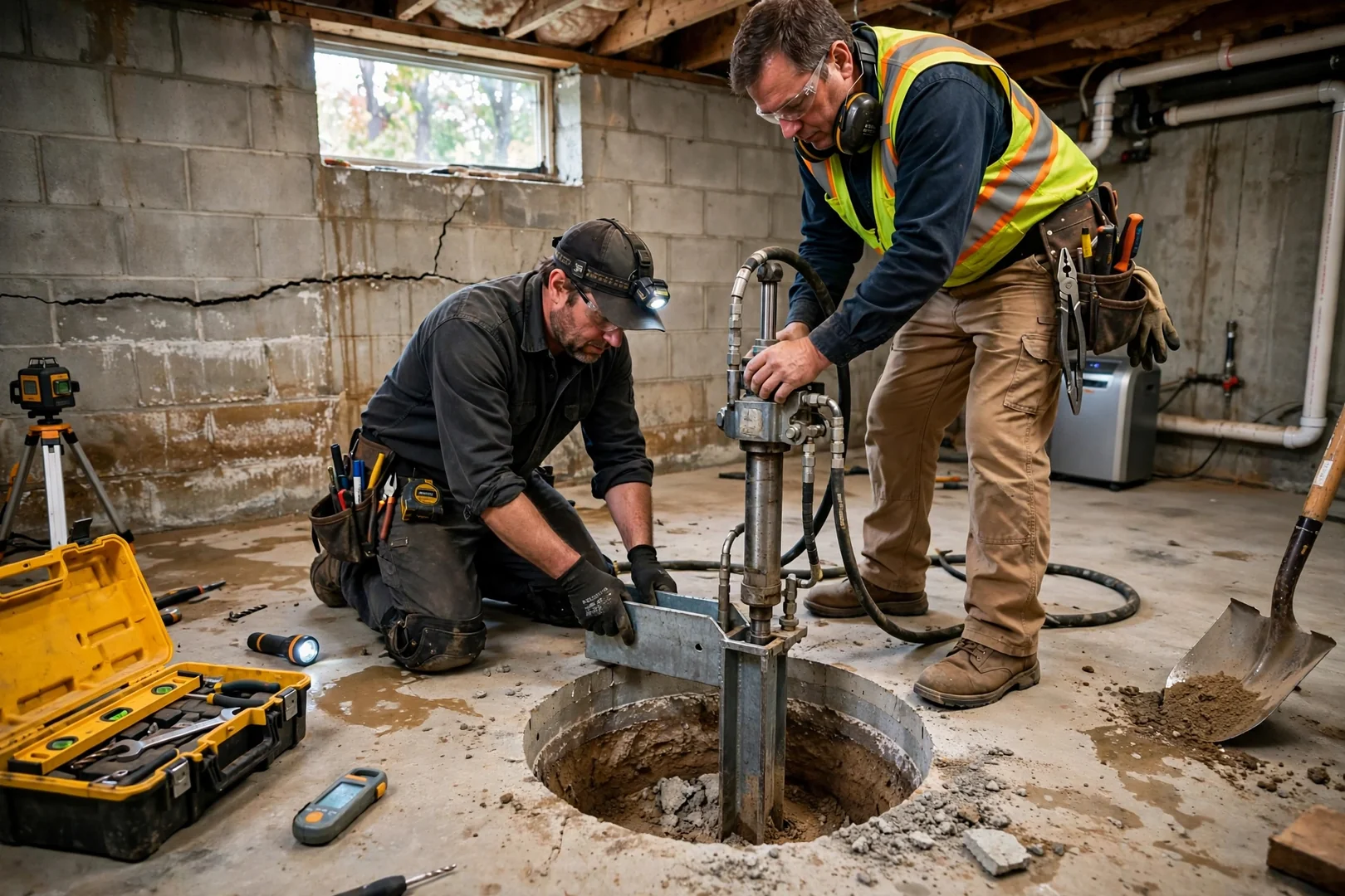 Interior slab pier installation through a cored opening in a basement floor