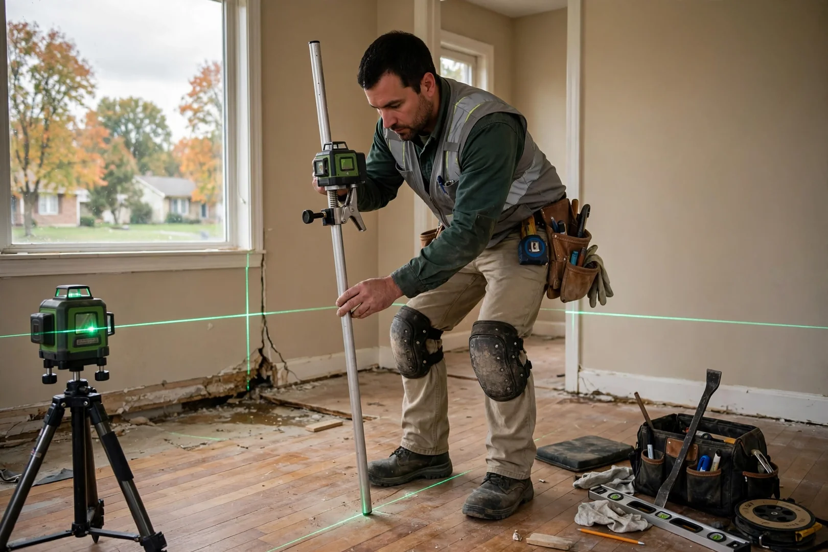 Laser level checking floor elevation after foundation leveling in a Leawood home