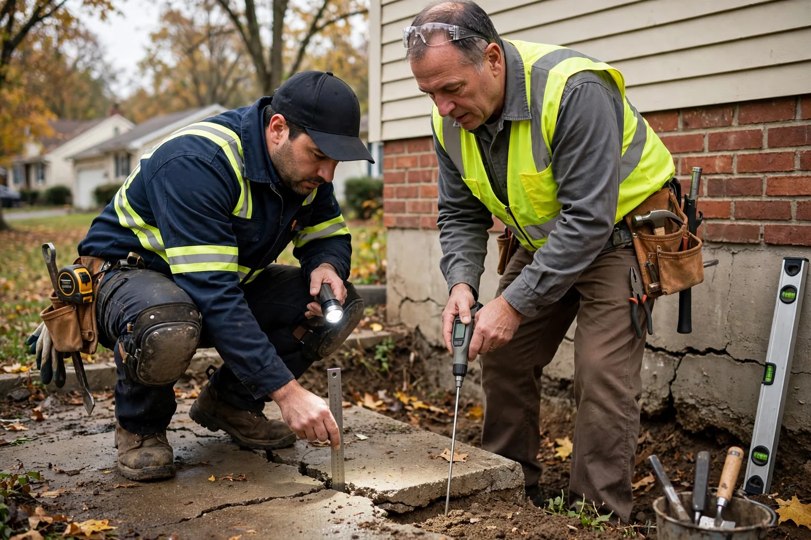 Technician recording floor elevation readings before foundation piering work in a Leawood home