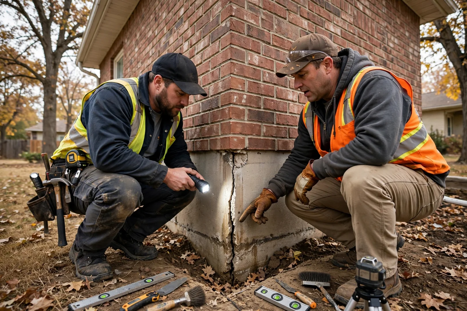 Foundation repair inspector reviewing a basement wall crack in a Leawood home