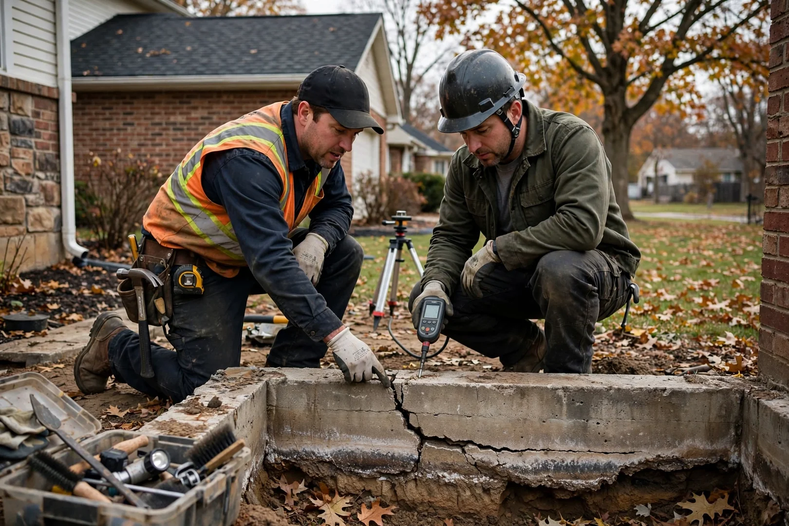 Foundation repair crew lead reviewing a written estimate with a Leawood homeowner outside