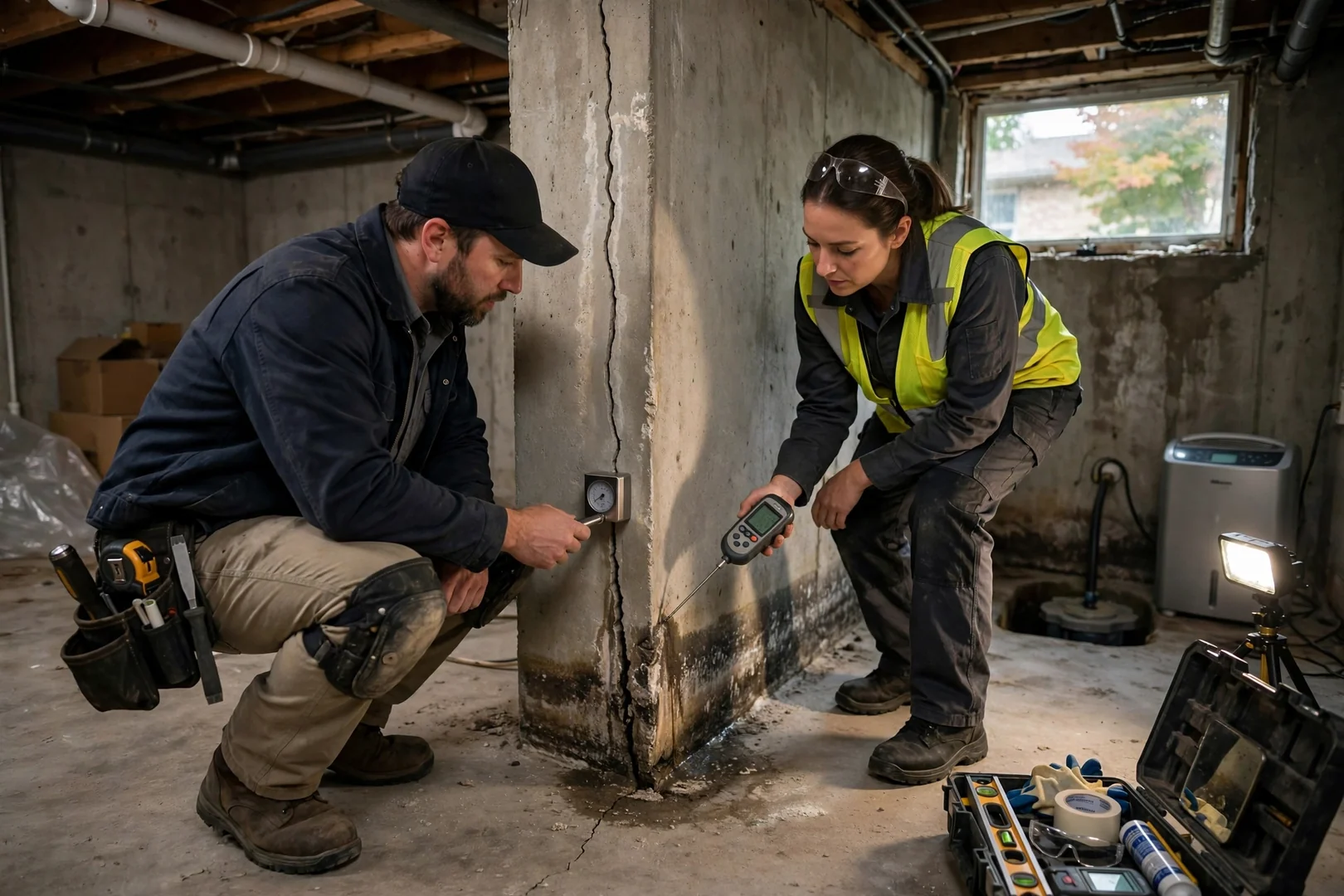Inspector measuring a basement wall crack for a foundation repair quote
