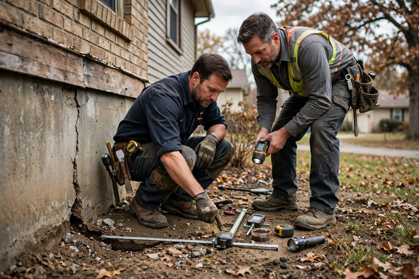 Technician inspecting a cracked basement wall during a foundation repair estimate in Leawood