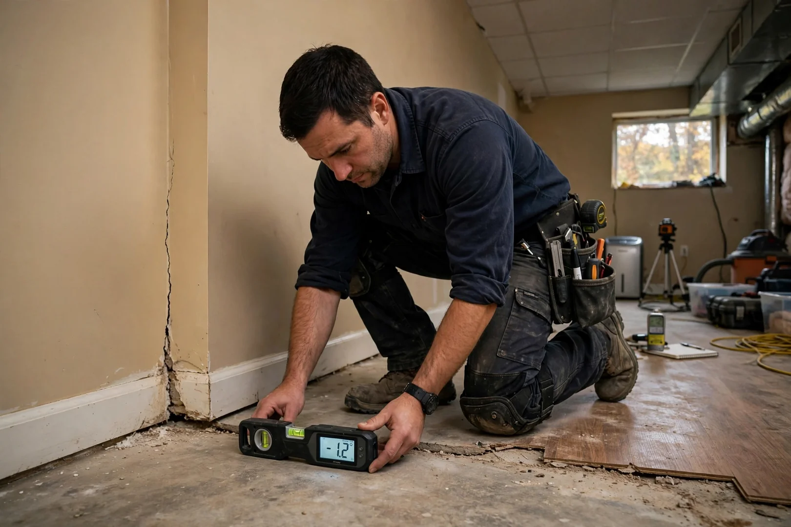 Technician using a digital level to measure floor settlement in a finished basement