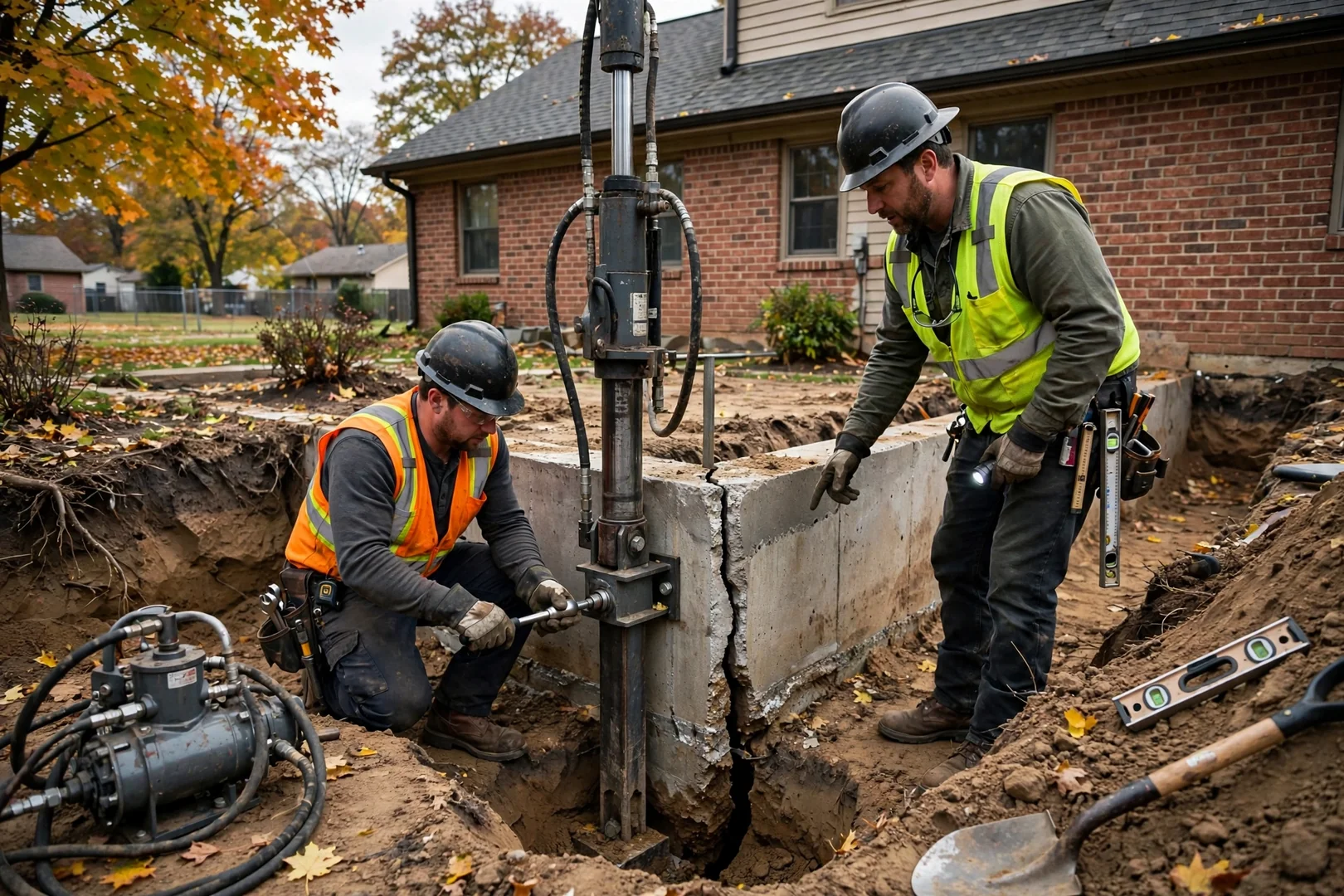 Hydraulic push pier installation beside an excavated home foundation in Leawood