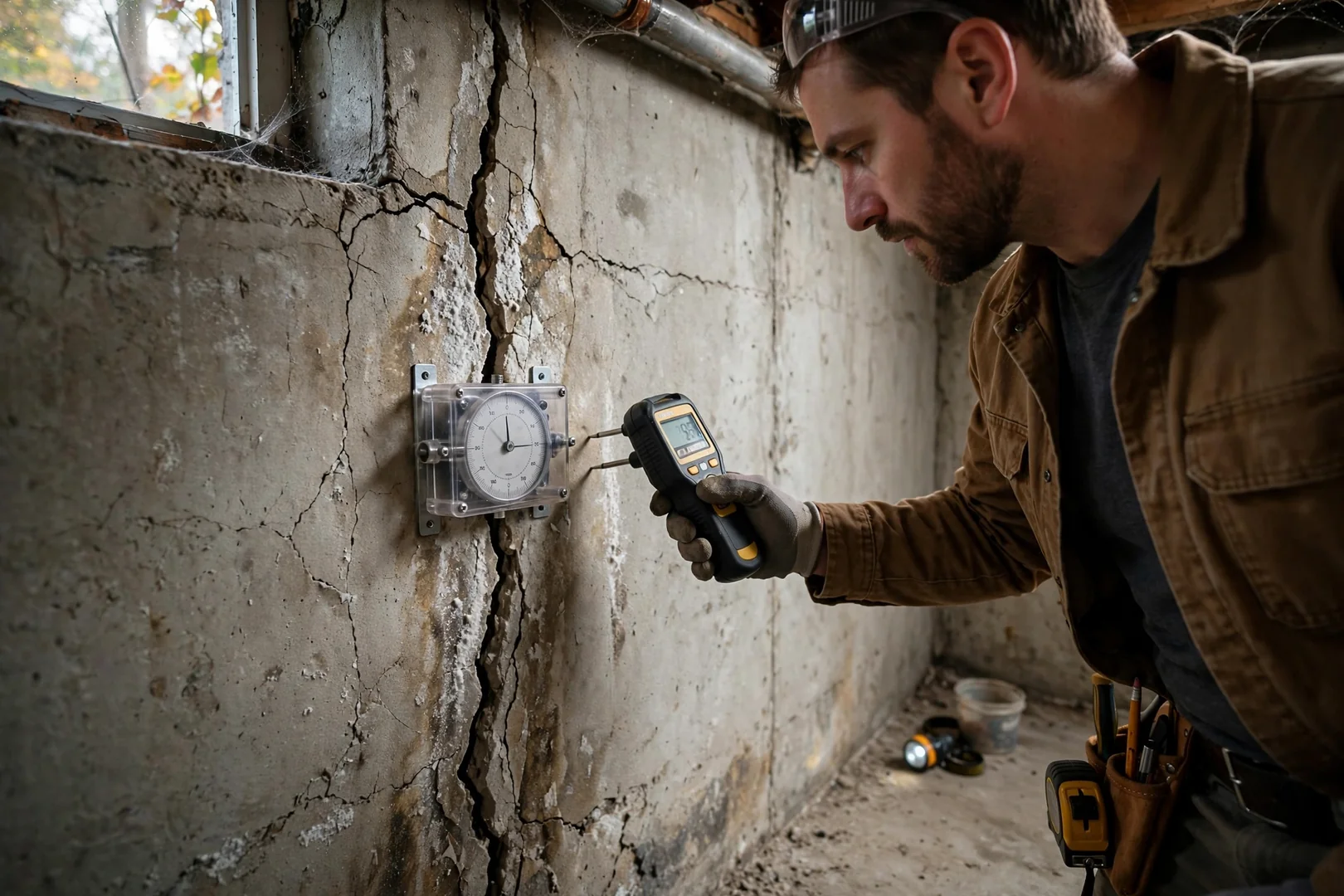 Crack gauge and moisture meter placed on a cracked basement wall during inspection