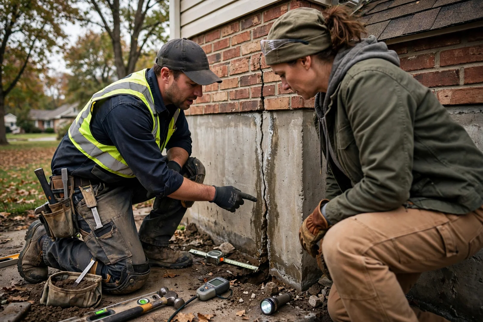 Technician measuring a basement wall crack during a foundation repair estimate in Leawood