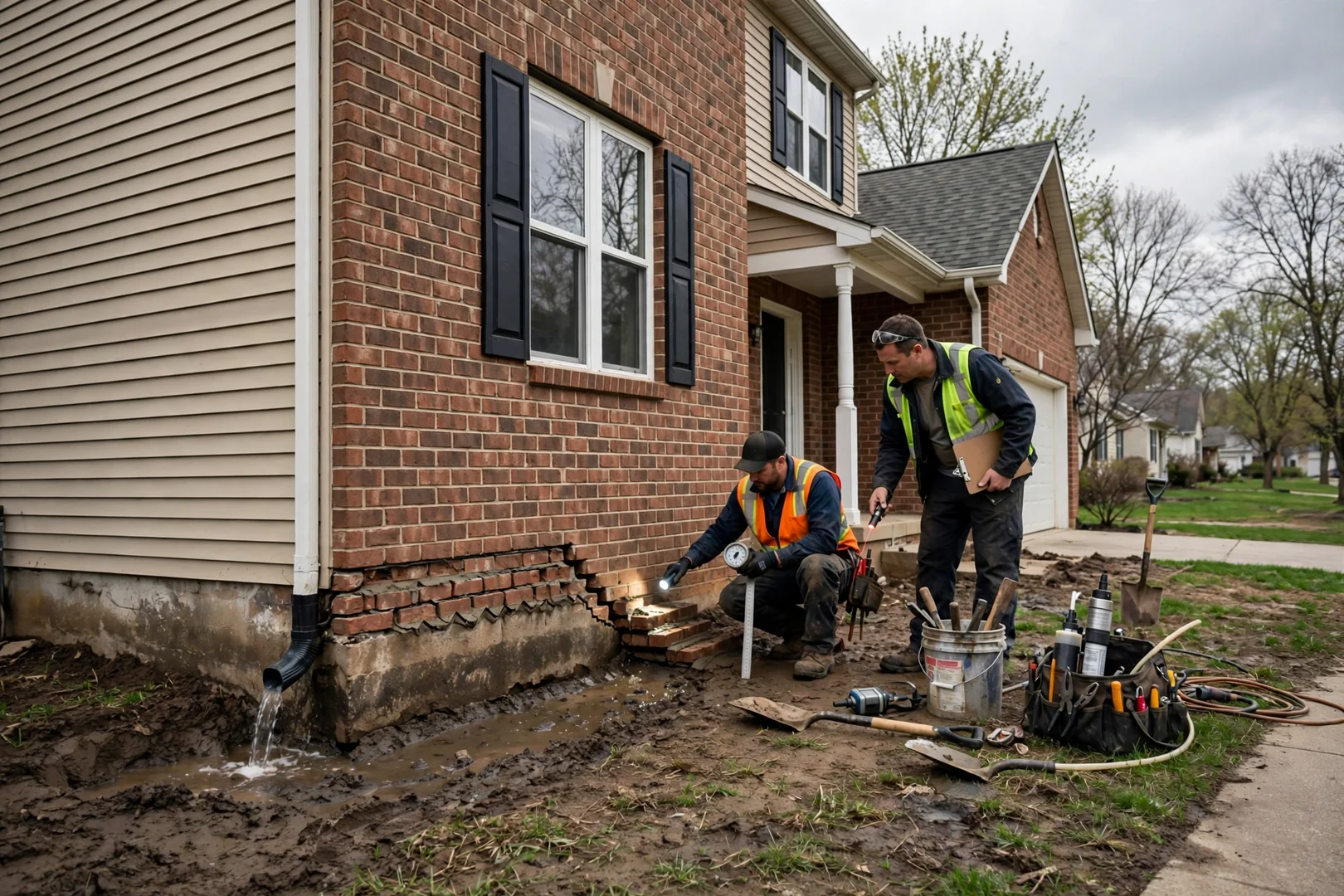Suburban Leawood home exterior showing a stair-step foundation crack near a downspout
