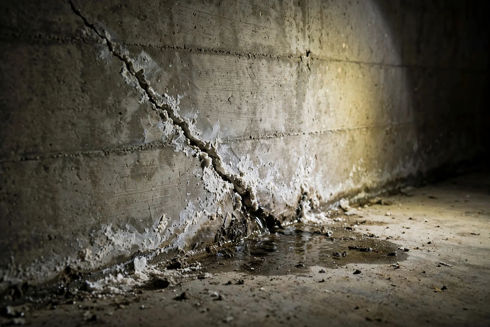Close-up of a leaking basement wall crack with efflorescence at the cove joint