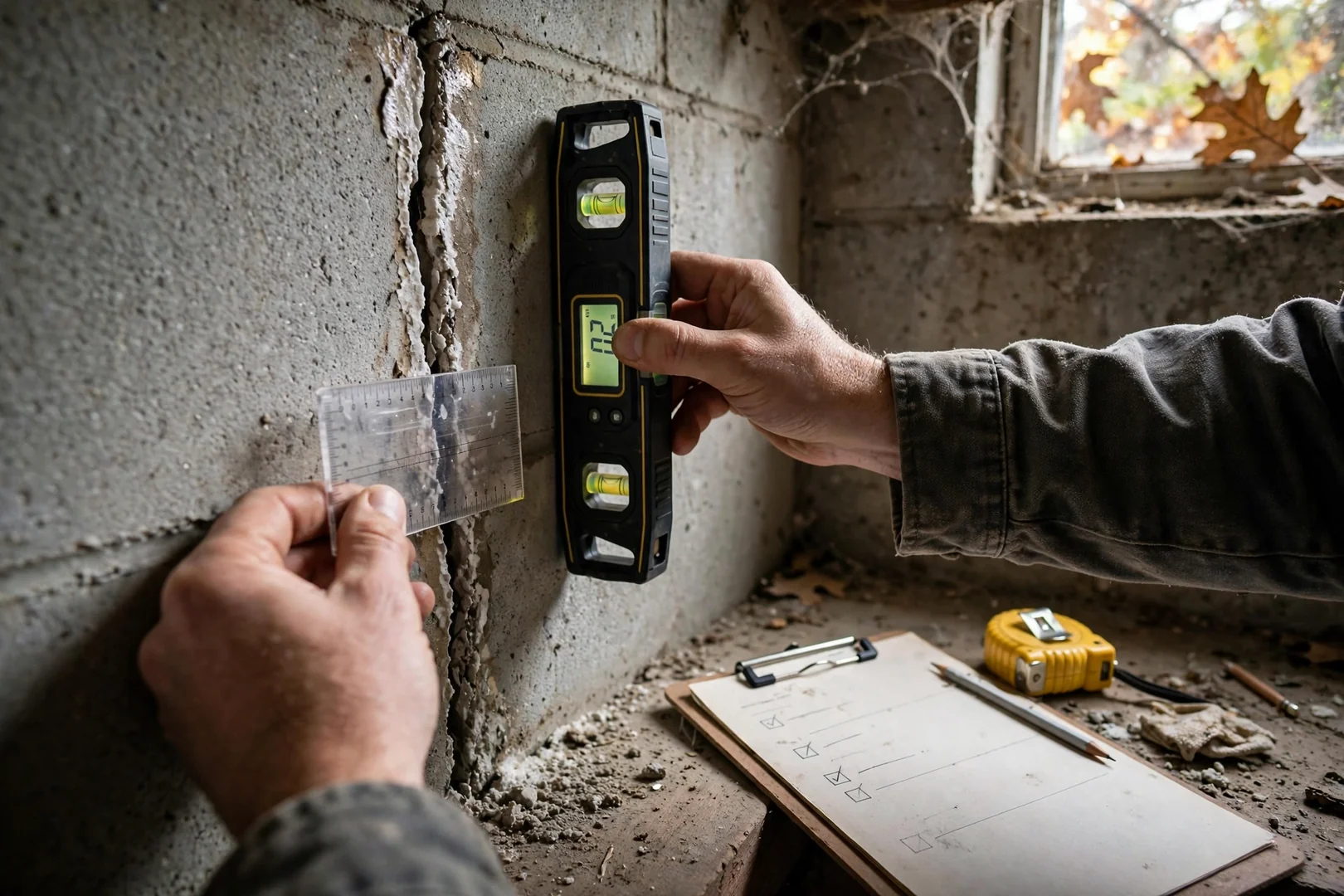 Inspector using a crack gauge and level to measure basement wall movement