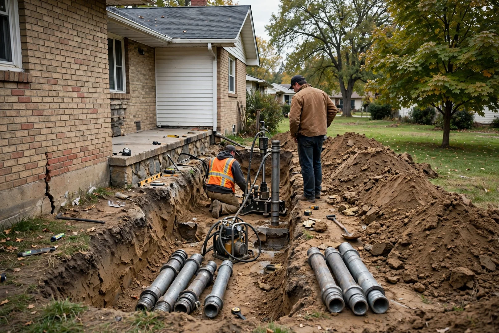 Excavated foundation footing with steel push pier equipment set up for leveling