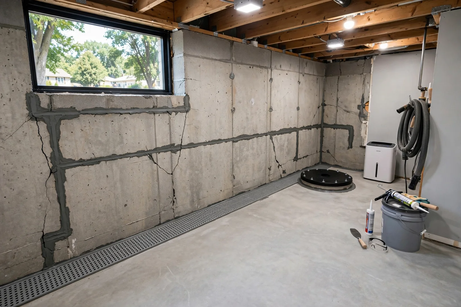 Dry basement after waterproofing with drain tile and sealed sump pump basin