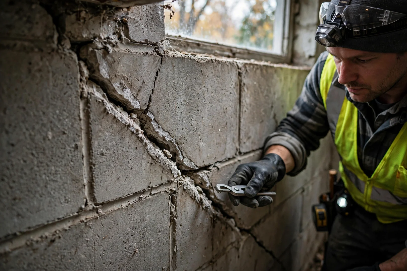 Close-up of a stair-step crack in a concrete block basement wall