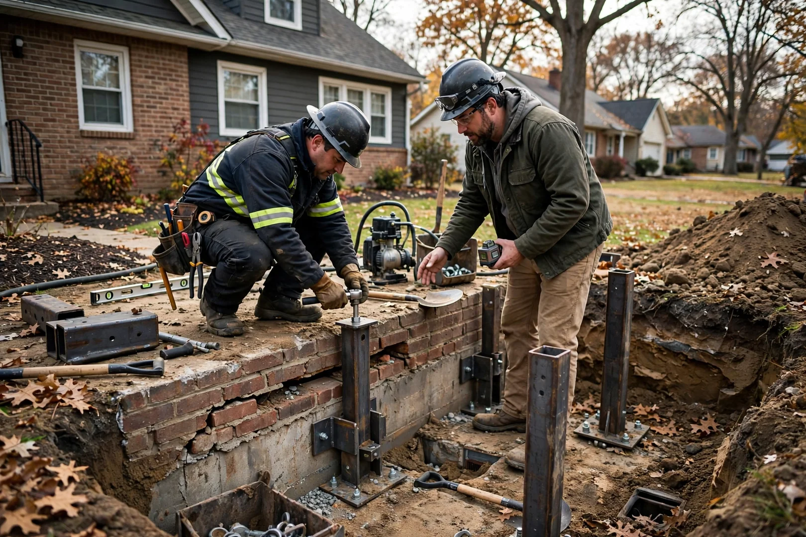 Steel push piers installed at an excavated footing beside a suburban home