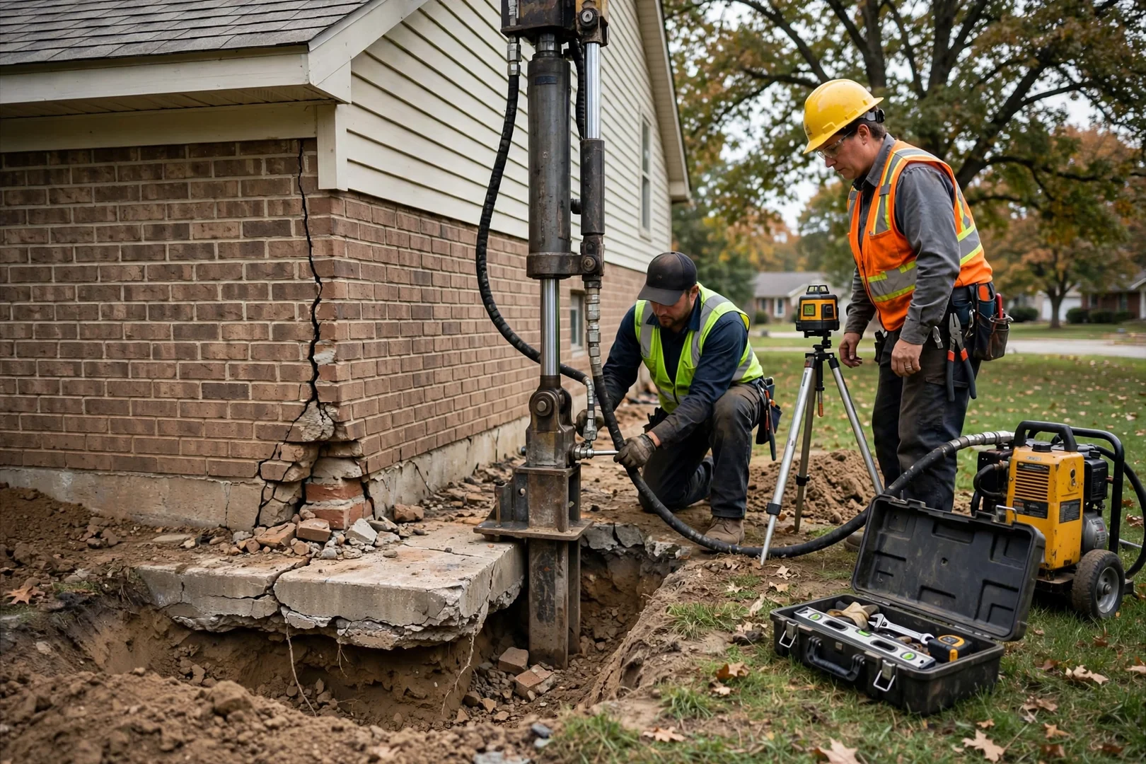 Hydraulic piering equipment lifting a settled foundation corner in Leawood