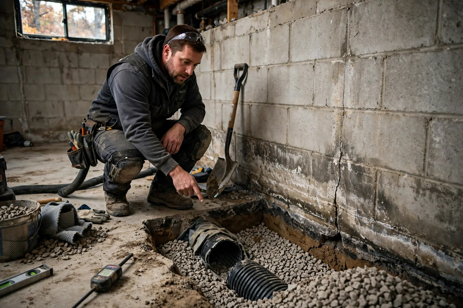 Interior drain tile trench along a basement wall before concrete patching