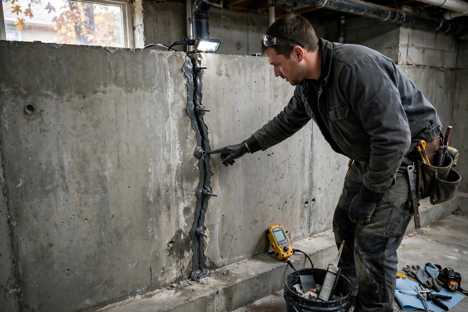 Sealed vertical foundation crack after polyurethane injection on a poured concrete wall
