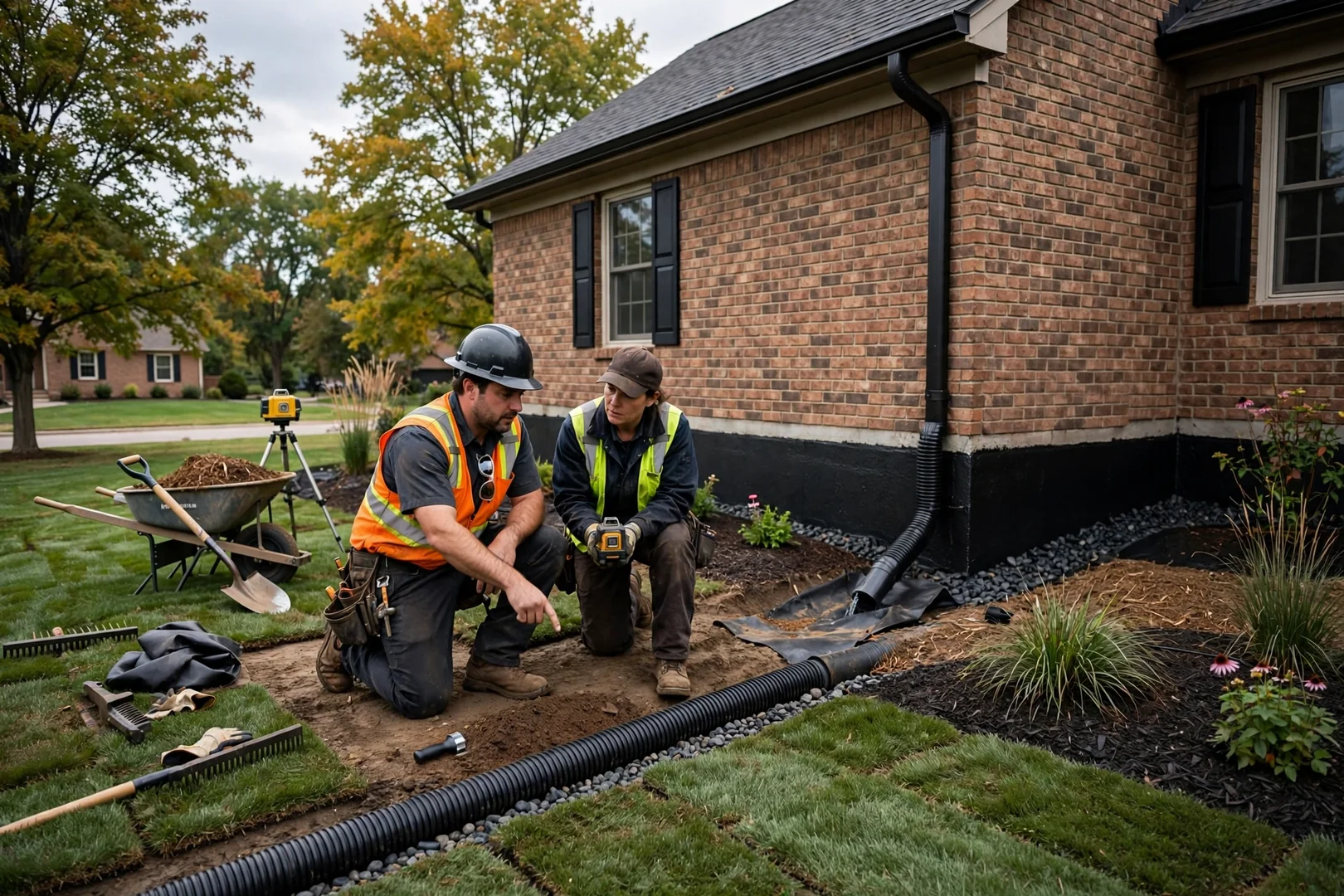 Finished exterior foundation with regraded soil and restored landscaping in Leawood