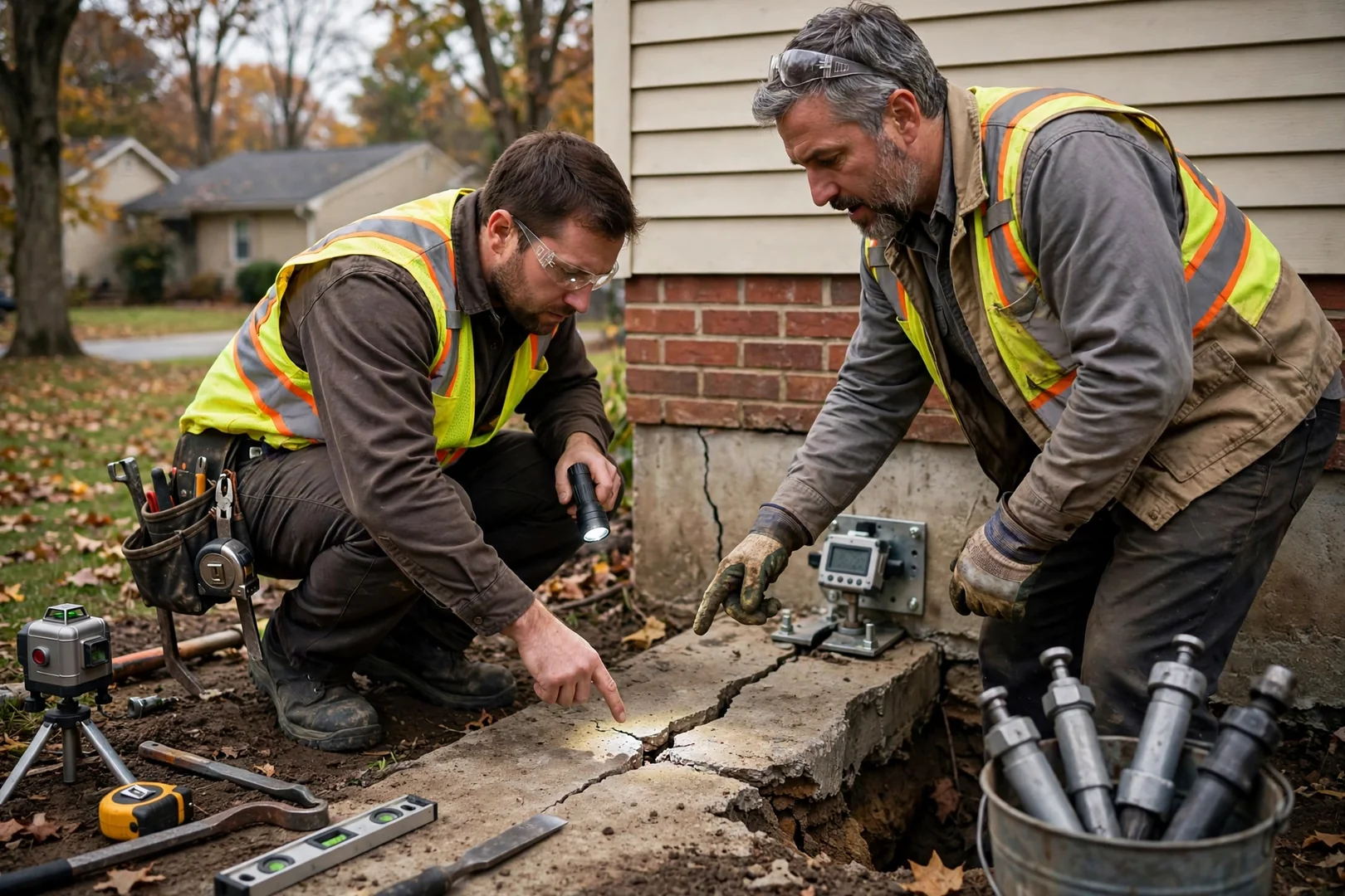 Technician measuring a basement wall crack to estimate foundation repair cost in Leawood