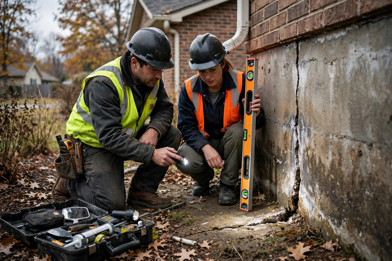 Technician measuring a stair-step crack in a basement foundation wall in Leawood home
