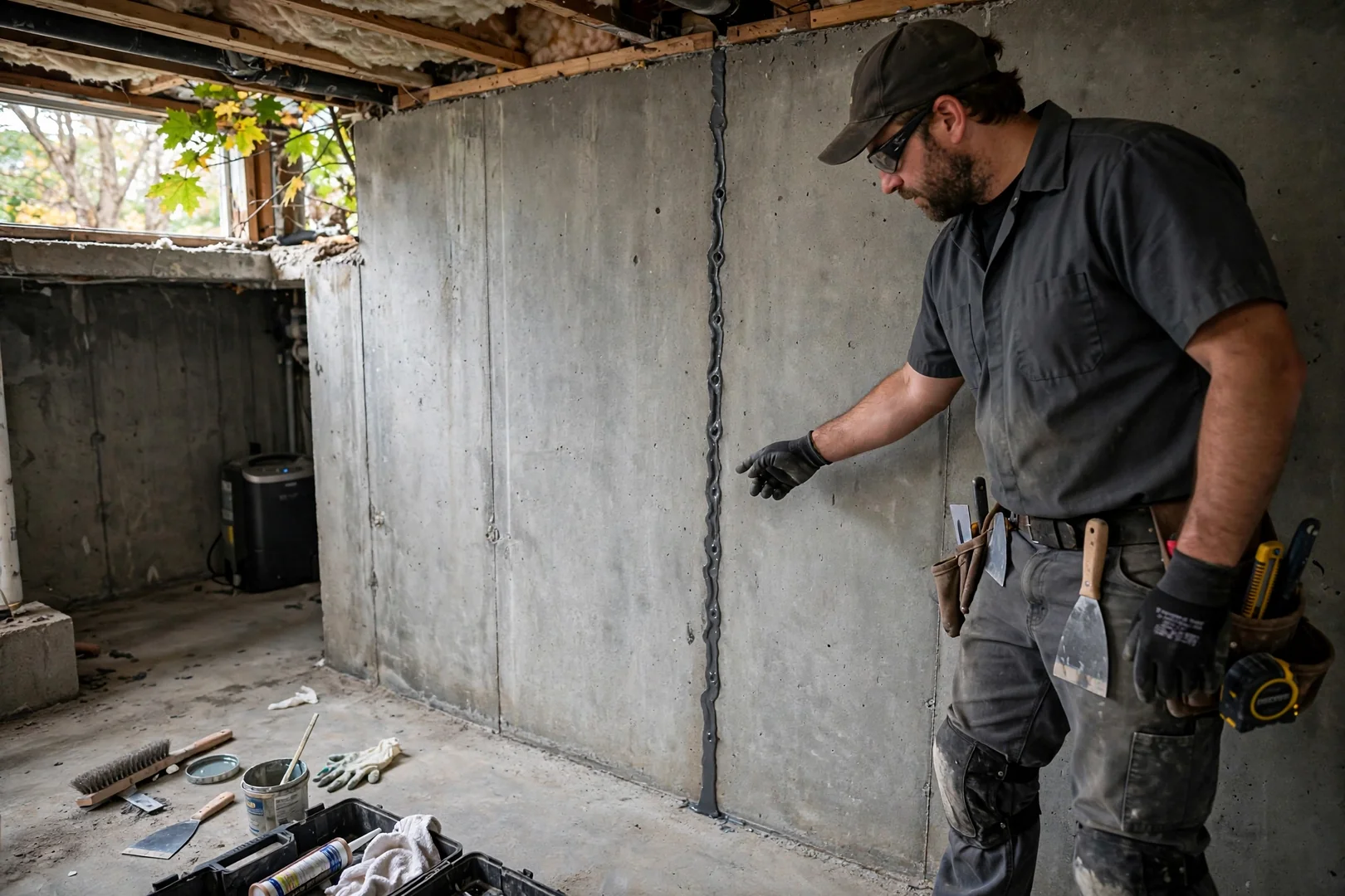 Sealed vertical crack in a poured concrete basement wall after epoxy injection repair
