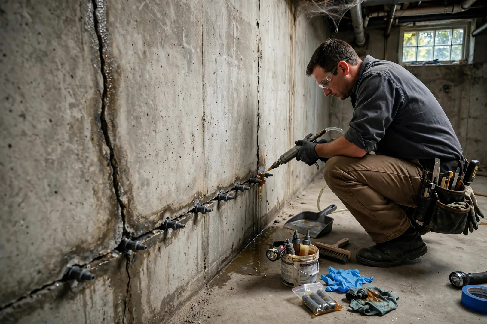 Injection ports lined along a foundation wall crack during polyurethane crack repair