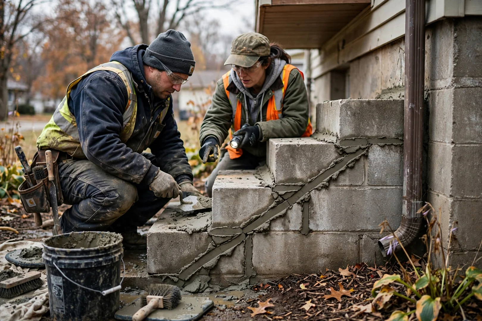 Repaired stair-step crack in a concrete block foundation wall with fresh mortar