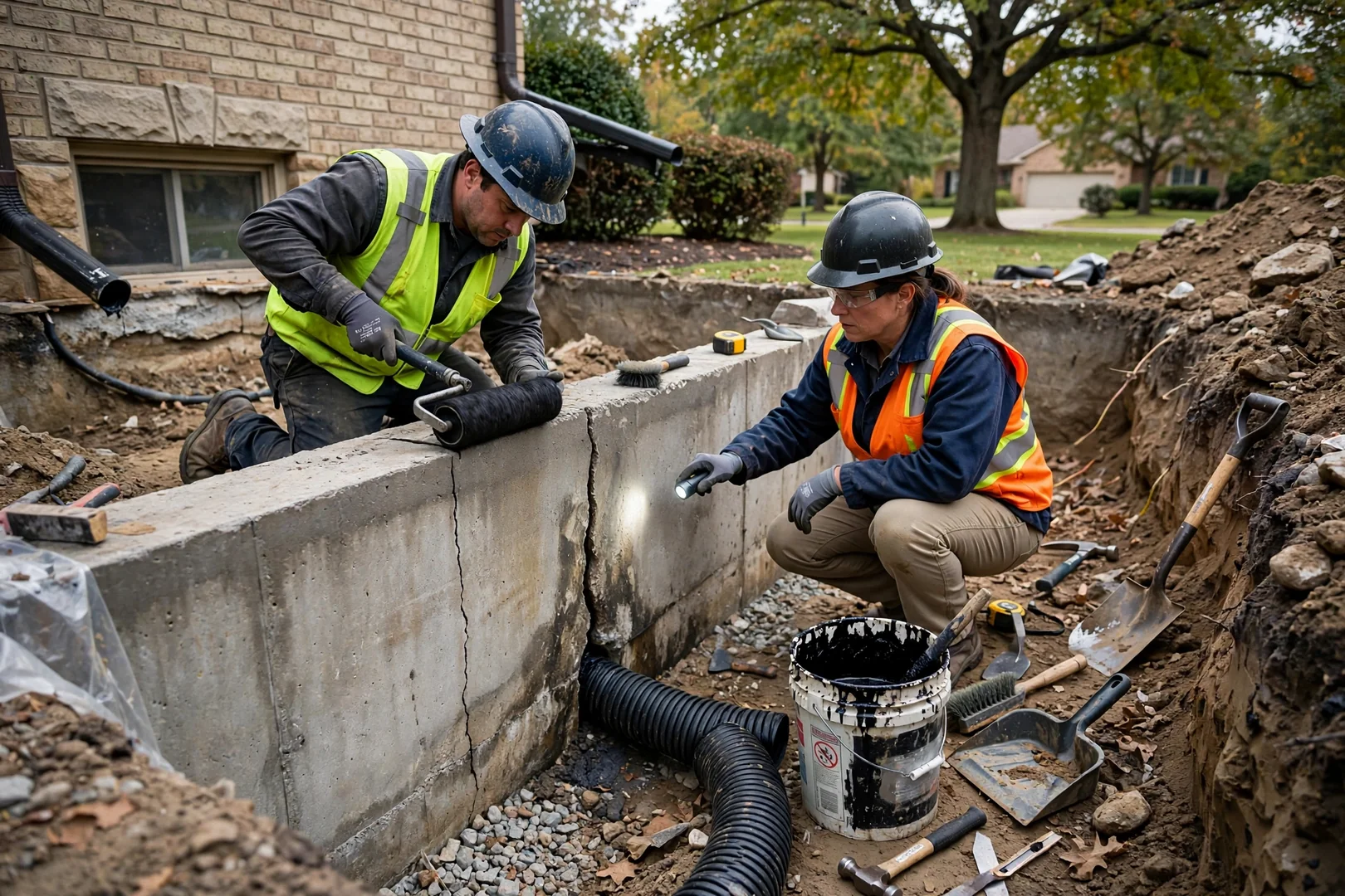 Excavated exterior foundation wall exposed for crack repair and waterproofing membrane