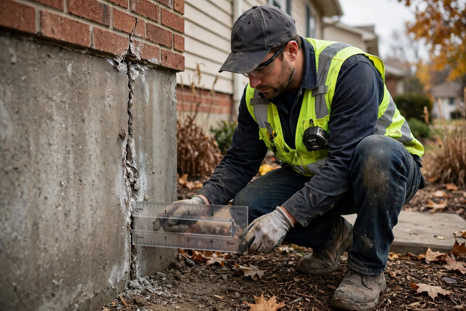 Technician measuring crack width on a foundation wall with a crack gauge