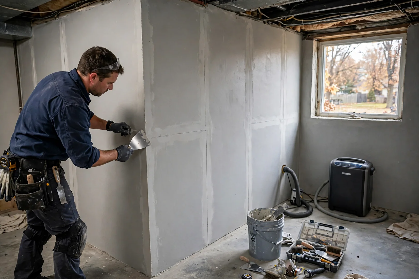 Finished basement wall after foundation crack repair with clean surface and patched seams