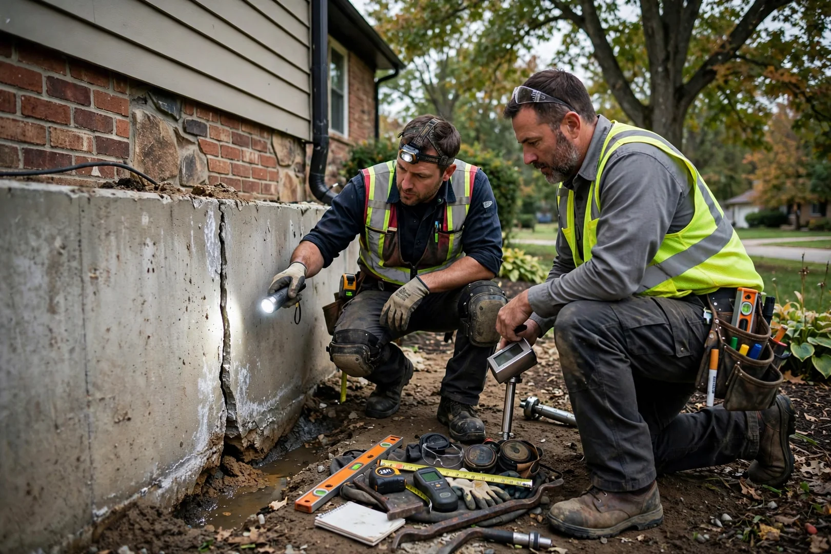 Technician measuring a basement wall crack with a crack gauge during a Leawood foundation inspection
